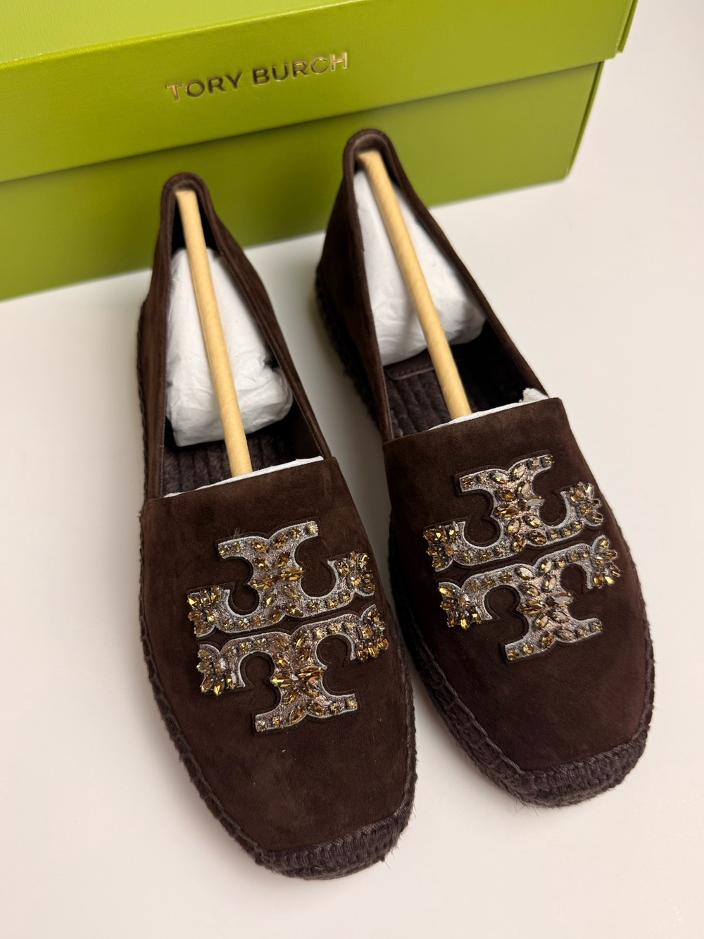 Tory Burch Embellished Espadrille Flats Dark Cocoa Suede Crystal Logo US 6